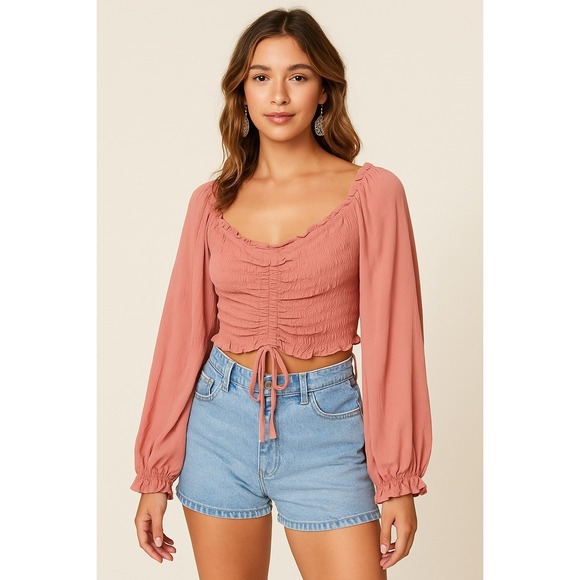 Forever 21 Tops - Forever 21 Womens Pink Cropped‎ Blouse L Corset Tie Front Balloon Sleeve Ruched